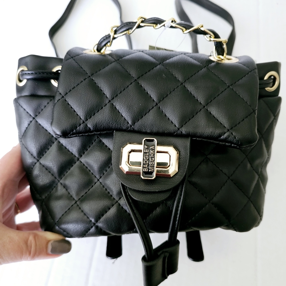 Badgley Mischka black micro mini quilted backpack purse vegan leather NWT